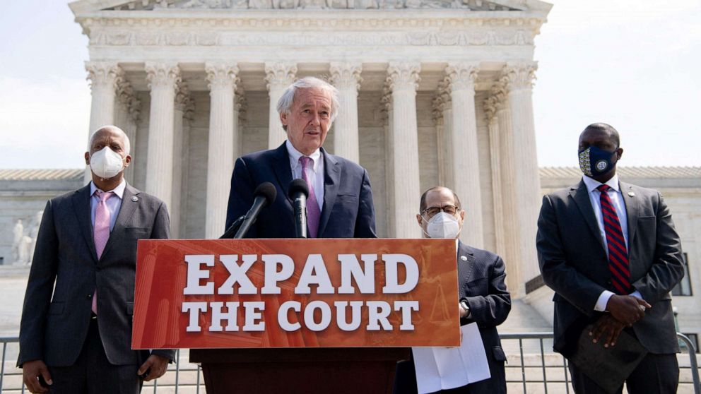 PHOTO: Senator Ed Markey speaks at a press conference to introduce a bill in Congress to expand the number of seats on the Supreme Court from 9 to 13, during a press conference in front of the Supreme Court in Washington, DC, April 15, 2021.