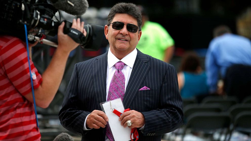 PHOTO: Former owner of the San Francisco 49ers Edward DeBartolo, Jr., is interviewed before the Pro Football Hall of Fame ceremony at Tom Benson Hall of Fame Stadium in Canton, Ohio, Aug. 8, 2015.