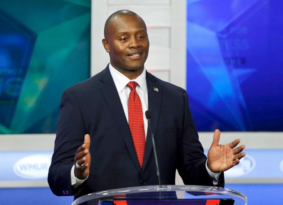 PHOTO: Republican hopeful for New Hampshire's 1st Congressional District Eddie Edwards speaks during a debate at St. Anselm College in Manchester, N.H., Sept. 6, 2018.