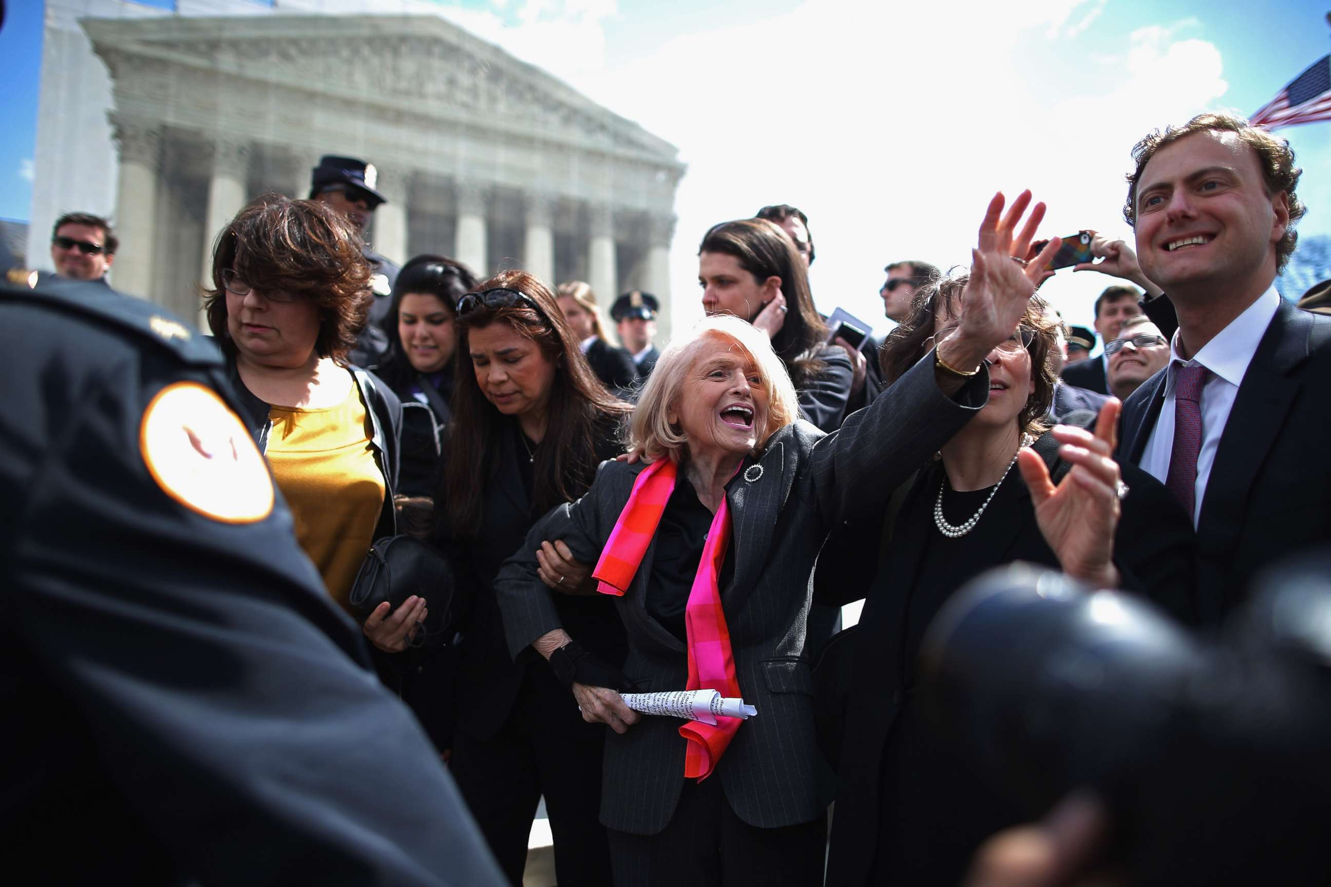 PHOTO: Edith Windsor, 83, is mobbed by journalists and supporters as she leaves the Supreme Court March 27, 2013 in Washington. 