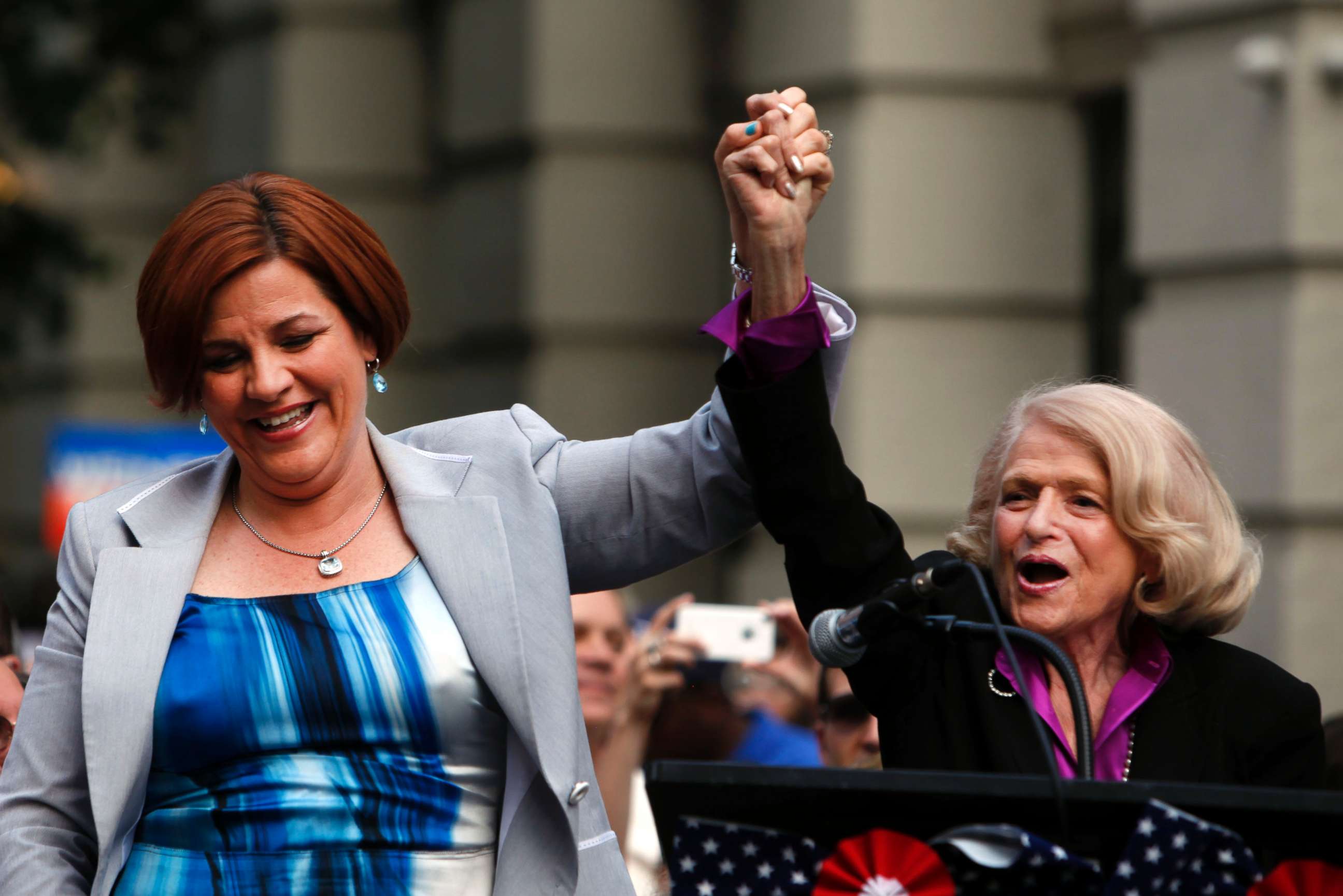 PHOTO: New York City Council Speaker Christine Quinn, left, and Edie Windsor, plaintiff in United States v. Windsor, join their supporters as they gather to celebrate two decisions by the U.S. Supreme Court during a rally in New York, June 26, 2013. 