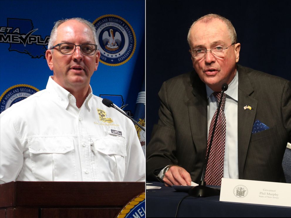 PHOTO: Left, Louisiana Gov. John Bel Edwards speaks to reporters, March 19, 2020, in Baton Rouge, La. Right, New Jersey Gov. Phil Murphy, in Trenton, on March 19, 2020.