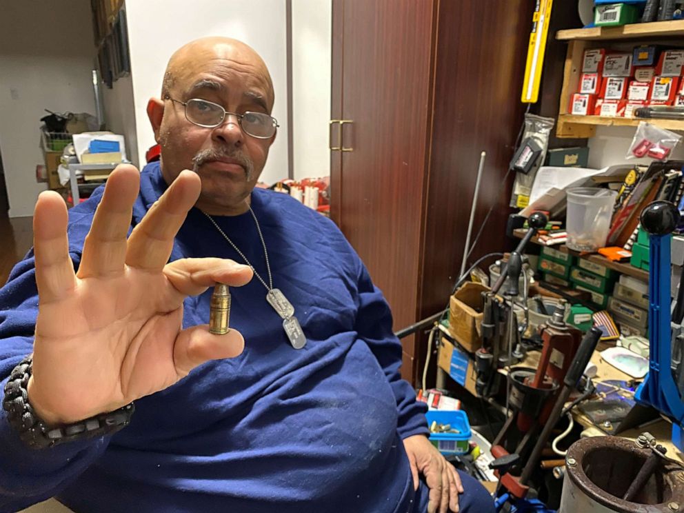 PHOTO: Retired New York City bus driver Efrain Alvarez, who is challenging a local regulation that restricted the transport of handguns outside city limits at the U.S. Supreme Court, holds a bullet at his home in Bronx borough of New York, Nov. 19, 2019.