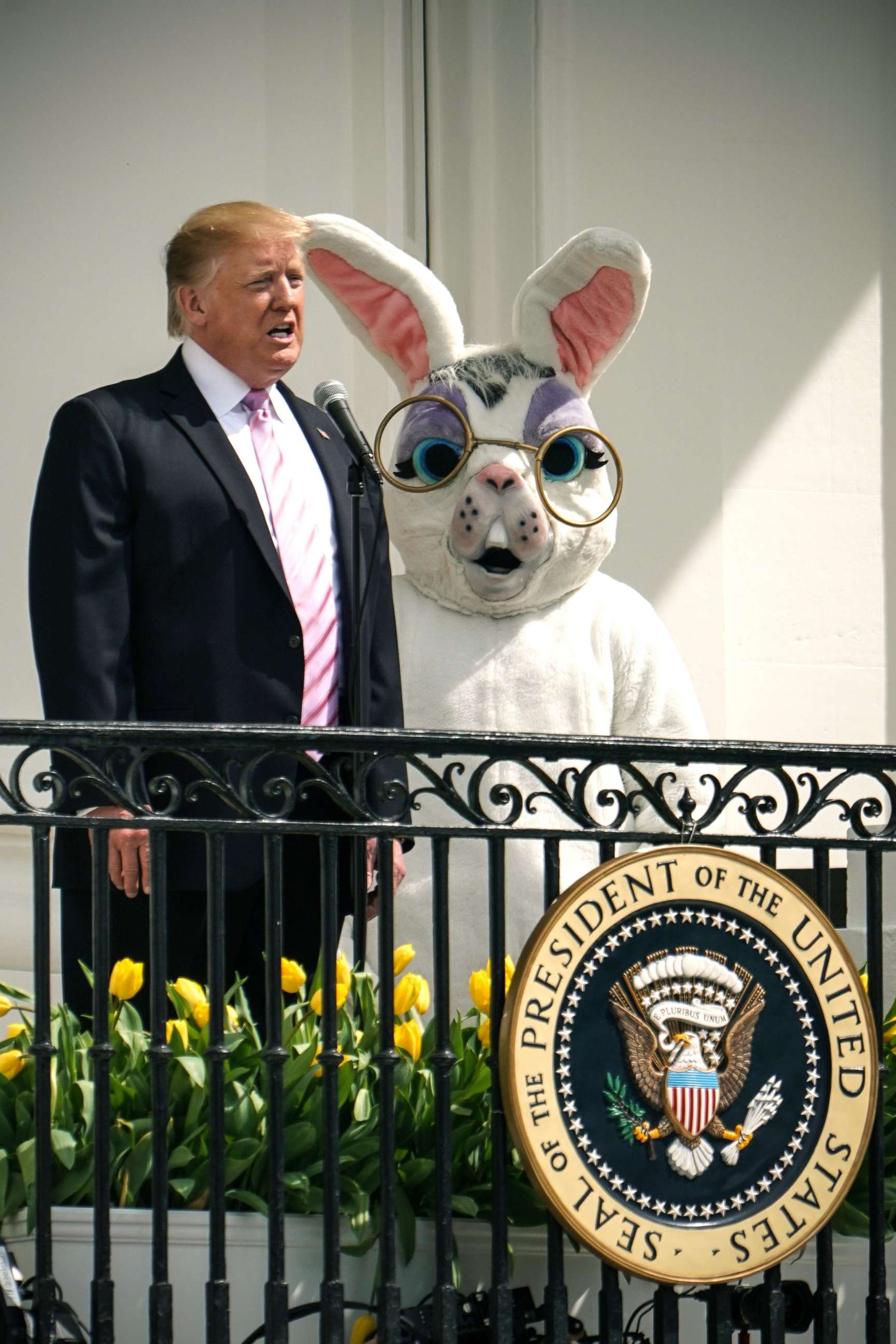 PHOTO: President Donald Trump speaks during the annual White House Easter Egg Roll on the South Lawn of the White House, April 22, 2019. 