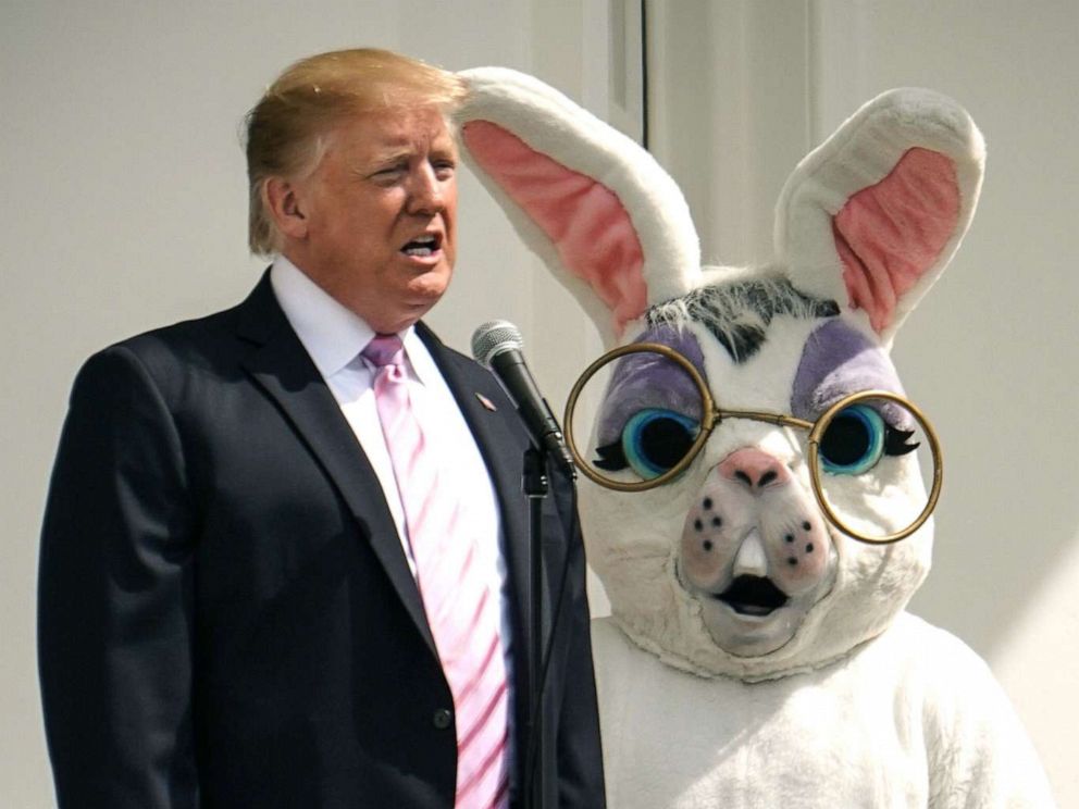 PHOTO: President Donald Trump speaks during the annual White House Easter Egg Roll on the South Lawn of the White House, April 22, 2019.