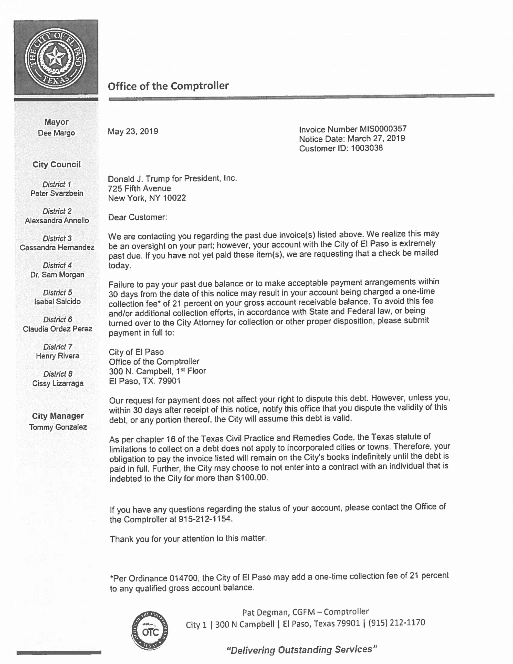 PHOTO: A letter from the Office of the Comptroller for the City of El Paso, Texas, dated May 23, 2019, addressed to Donald J. Trump for President, Inc., says, "your account with the city of El Paso is extremely past due."