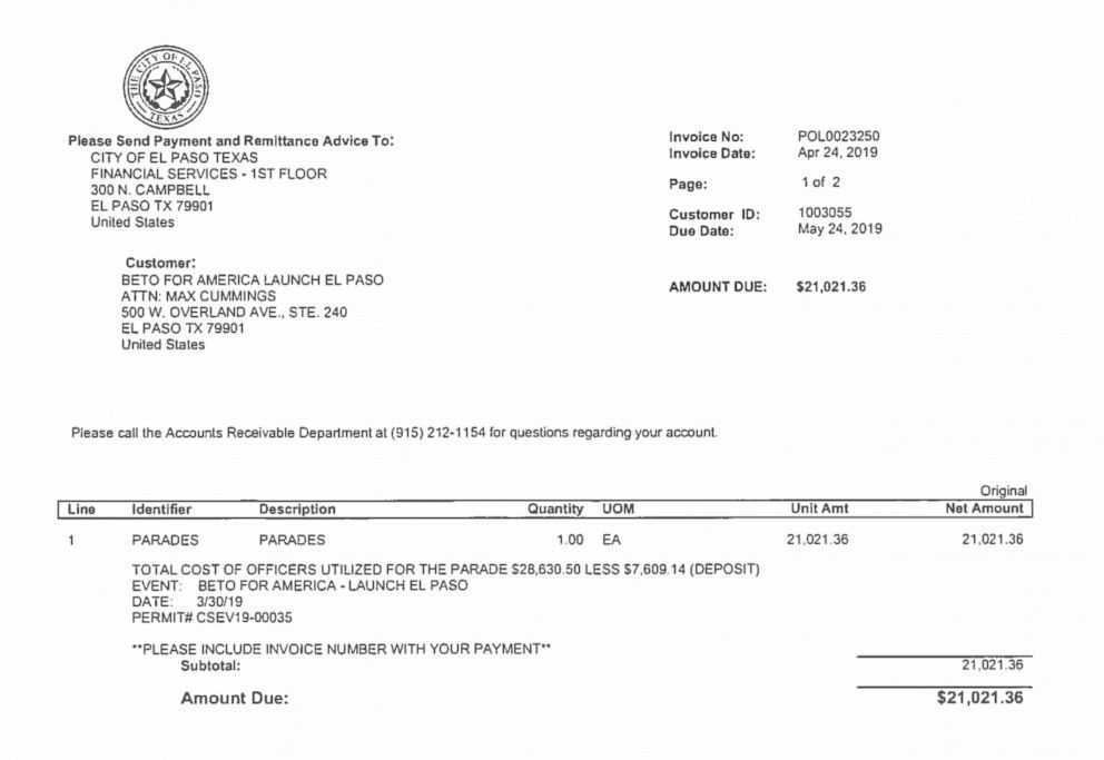 PHOTO: An invoice from the City of El Paso, Texas, for police officers utilized during Beto O'Rourke's presidential campaign launch on March 30, 2019, shows an amount due of $21,021.36.