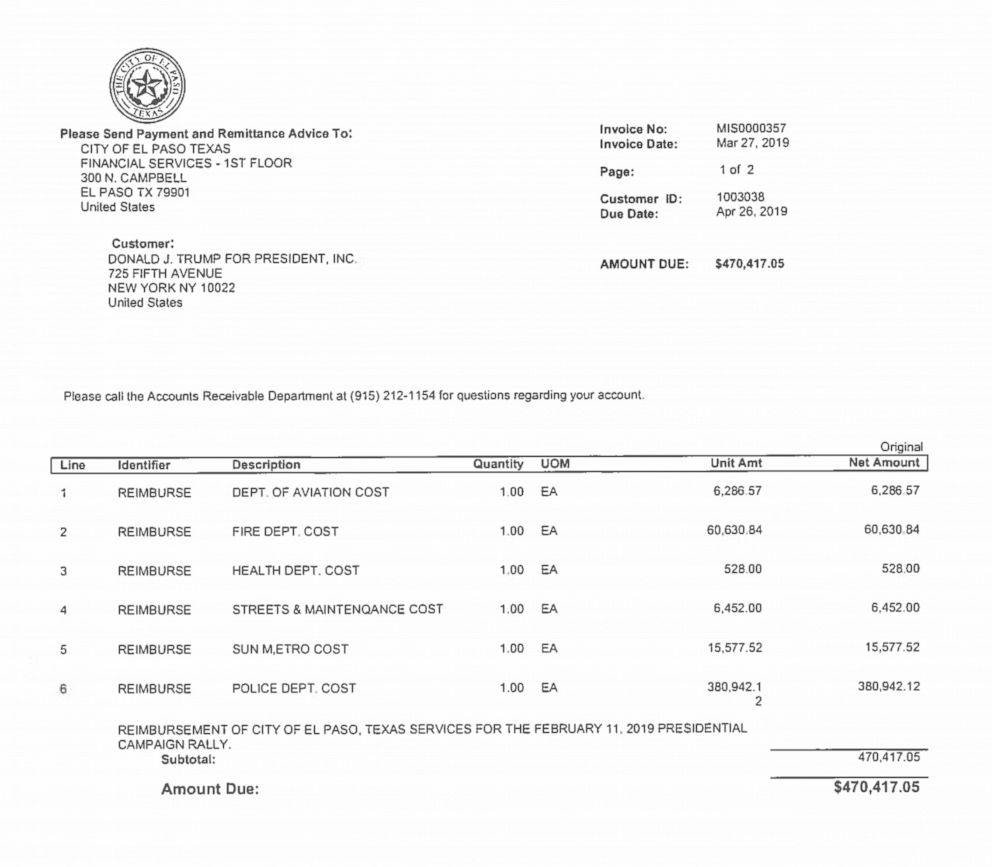 PHOTO: An invoice from the City of El Paso Texas for a Feb. 11, 2019, campaign rally shows an amount due of $470,417.05.