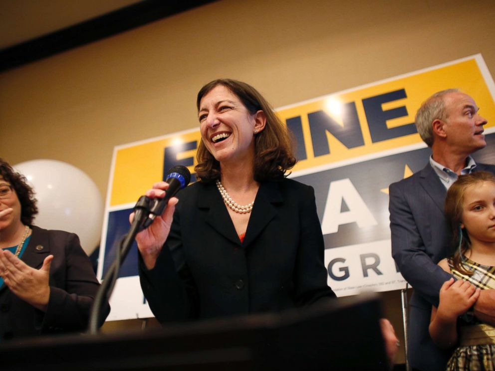 PHOTO: Elaine Luria speaks to a room full of supporters after upsetting incumbent Scott Taylor to win Virginias 2nd Congressional District, Nov. 6, 2018, night in Virginia Beach.