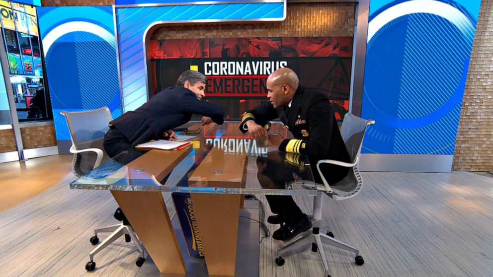 PHOTO: Surgeon General Jerome Adams does and elbow bump with ABC News Chief Anchor George Stephanopoulos on “GMA” before speaking about the latest coronavirus testing from the CDC, March 10, 2020. 