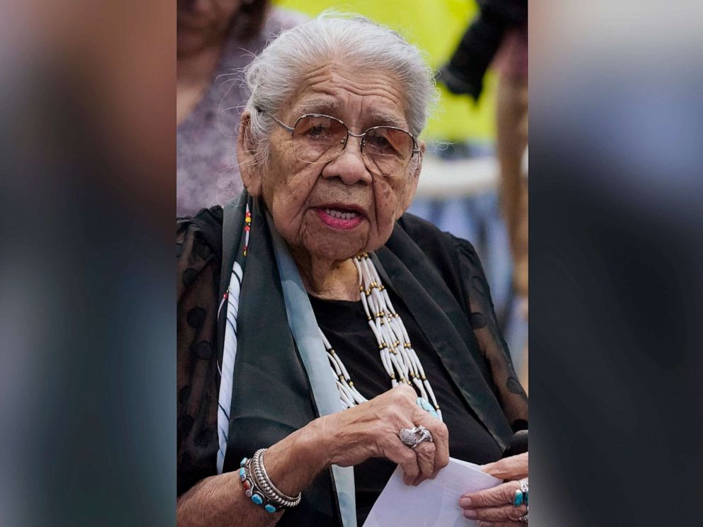 PHOTO: Dorothy WhiteHorse, 89, a Kiowa who attended Riverside Indian School in the 1940s, said she recalled learning to dance the jitterbug in the school's gymnasium and learning to speak English for the first time, July 9, 2022 in Anadarko, Okla. 
