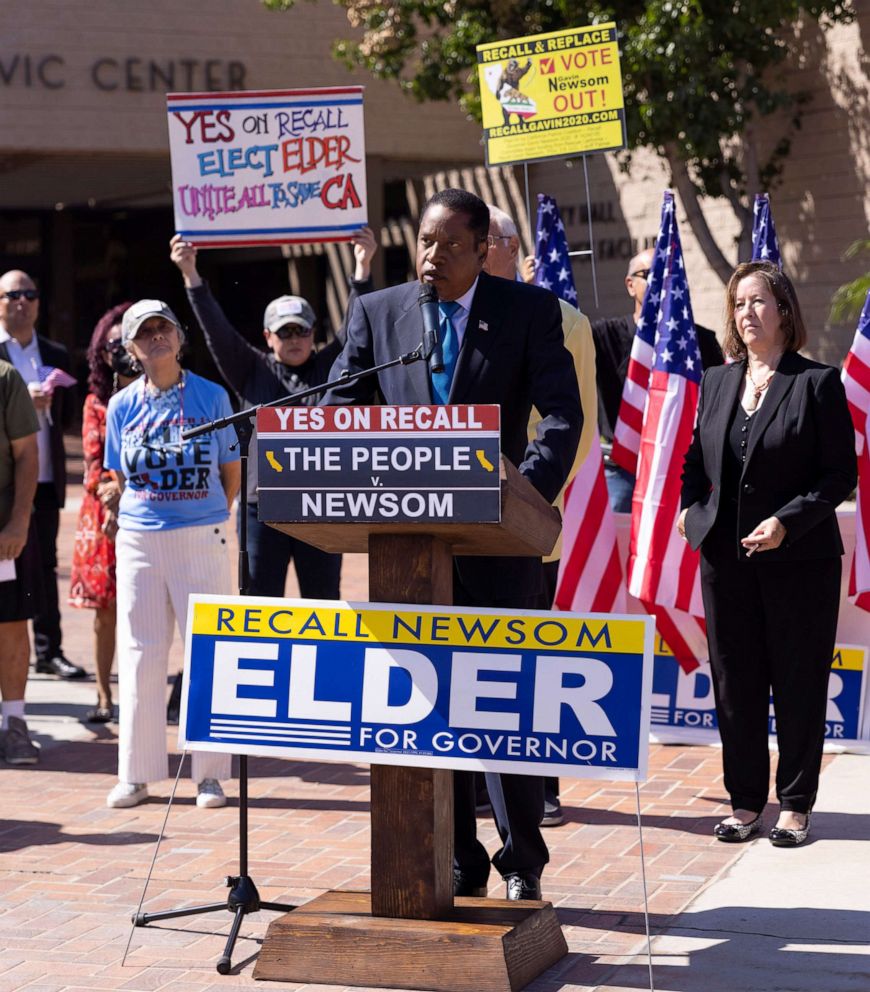 PHOTO: Gubernatorial recall candidate Larry Elder speaks at a campaign stop in the recall election of governor Gavin Newsom in Monterey Park, Calif., Sept. 13, 2021.