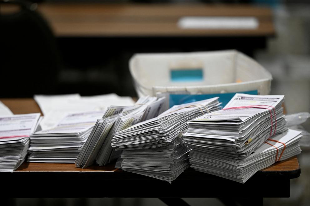 PHOTO: Ballots are stacked on a table at the central count in Baird center, during the 2024 U.S. presidential election, in Milwaukee, Wis., Nov. 5, 2024.