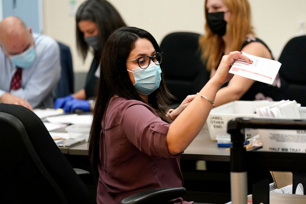 PHOTO: An election worker sorts vote-by-mail ballots as the canvassing board examines signatures on the ballots at the Miami-Dade County Board of Elections in Doral, Fla., Oct. 26, 2020.