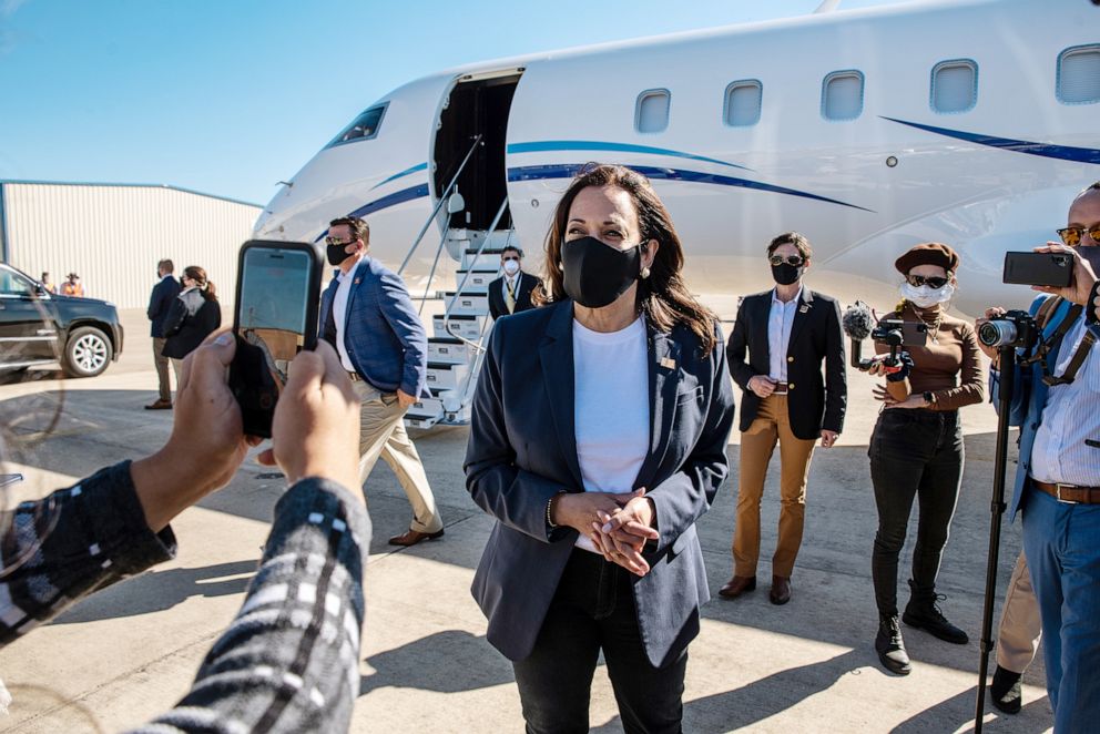 PHOTO: Senator Kamala Harris, Democratic vice presidential nominee, speaks to members of the media as she arrives at the McAllen International Airport for a get out the vote campaign event in McAllen, Texas, Oct. 30, 2020