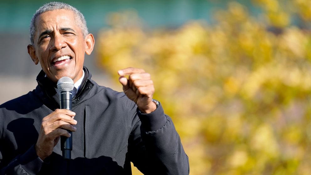 PHOTO: Former President Barack Obama speaks at a rally for Democratic presidential candidate former Vice President Joe Biden, at Northwestern High School in Flint, Mich., Oct. 31, 2020.