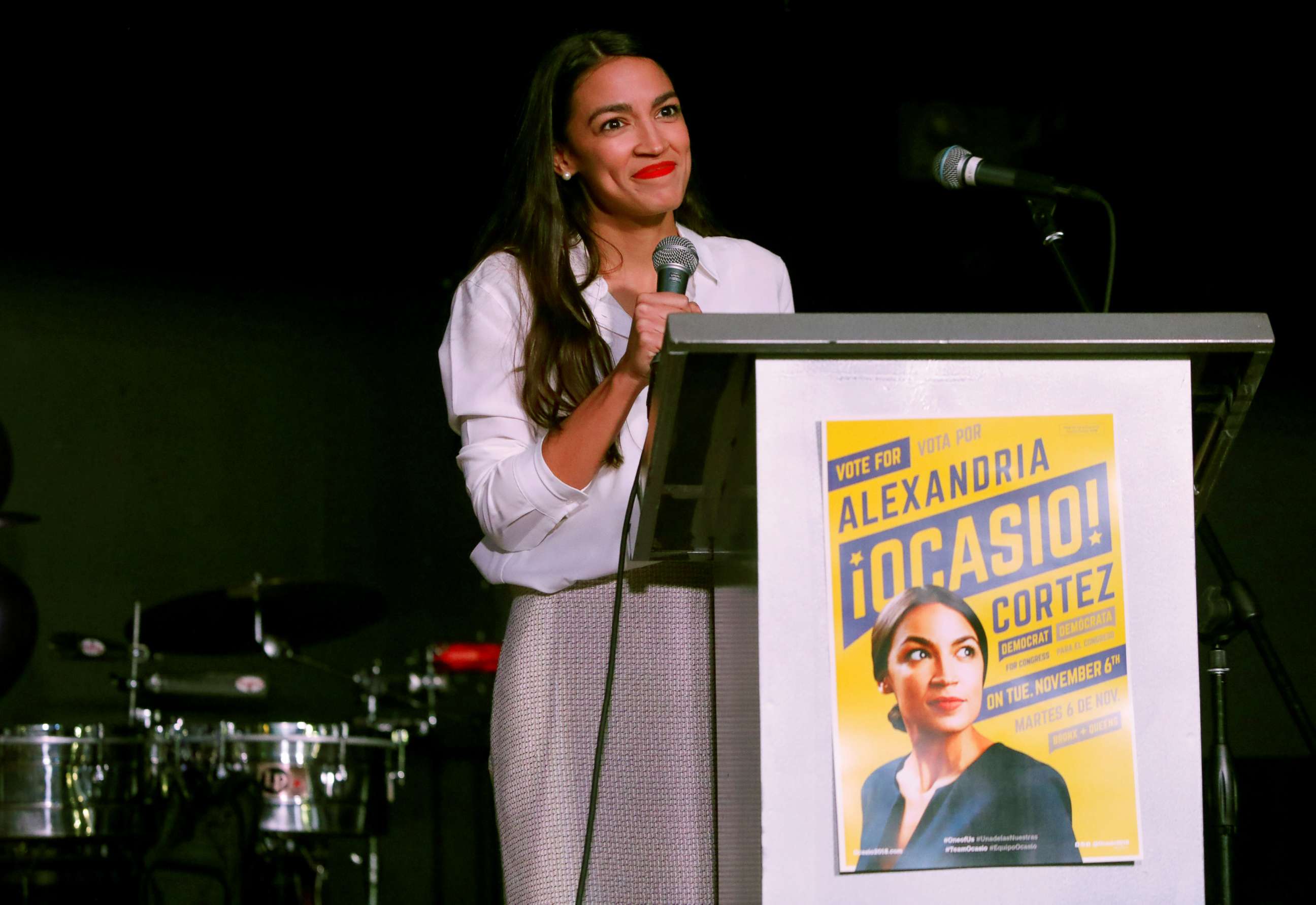 PHOTO: Democratic congressional candidate Alexandria Ocasio-Cortez speaks at her midterm election night party in New York, Nov. 6, 2018.