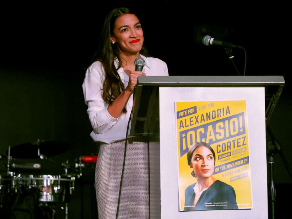 PHOTO: Democratic congressional candidate Alexandria Ocasio-Cortez speaks at her midterm election night party in New York, Nov. 6, 2018.