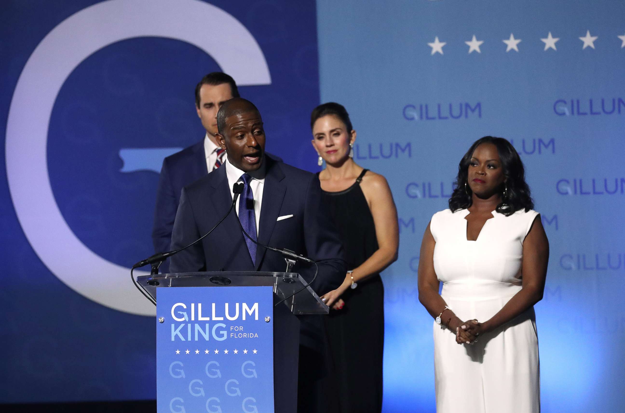 PHOTO: Democratic Florida gubernatorial nominee and Tallahassee Mayor Andrew Gillum concedes the race to Rep. Ron DeSantis during his midterm election night rally in Tallahassee, Fla., Nov. 6, 2018.