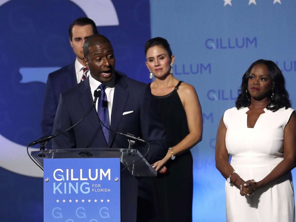 PHOTO: Democratic Florida gubernatorial nominee and Tallahassee Mayor Andrew Gillum concedes the race to Rep. Ron DeSantis during his midterm election night rally in Tallahassee, Fla., Nov. 6, 2018.
