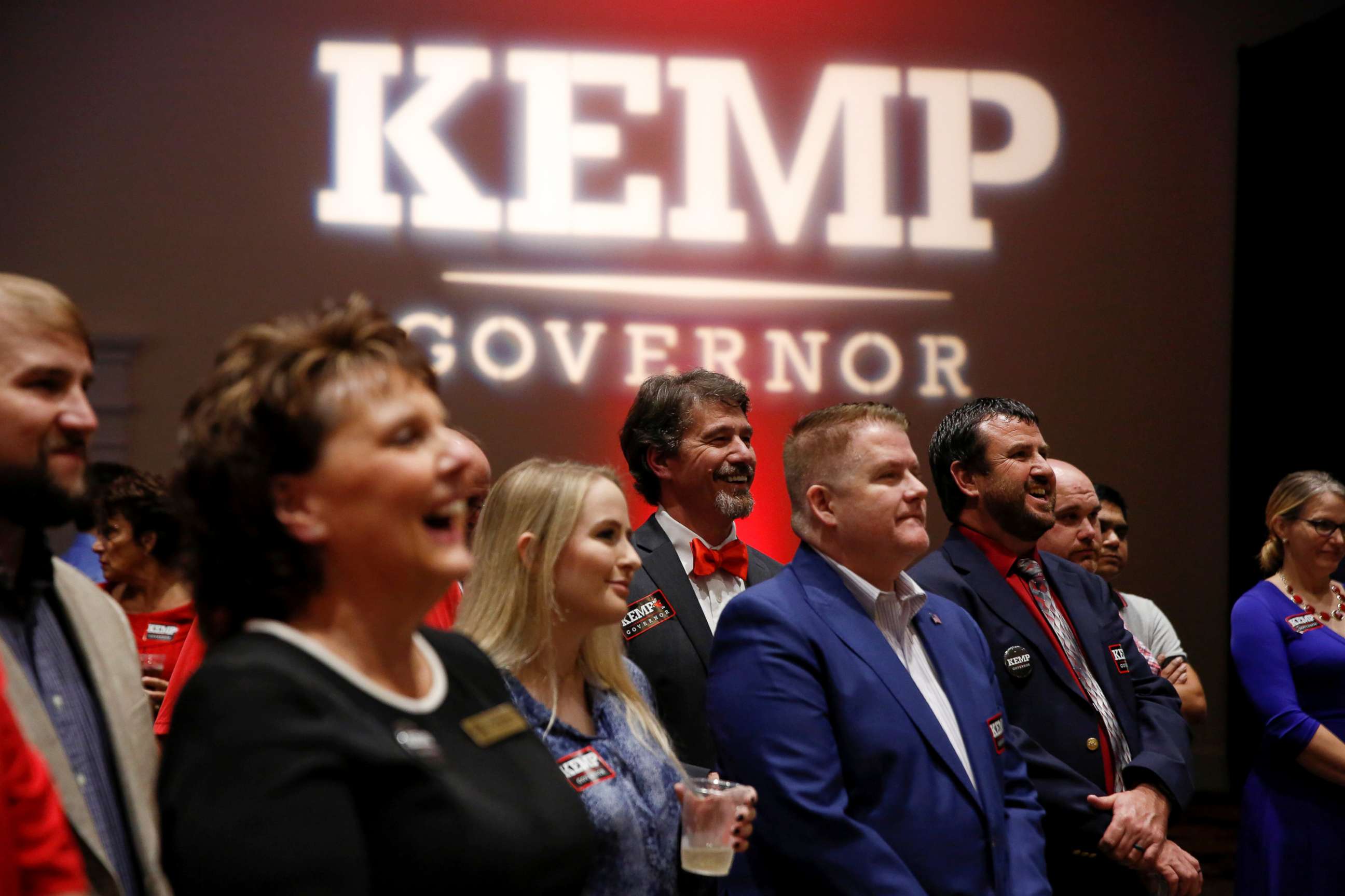 PHOTO: Brian Kemp supporters listen to a speaker as they wait for poll numbers to come in at Republican gubernatorial candidate Brian Kemp's election night party in Athens, Ga., Nov. 6, 2018.