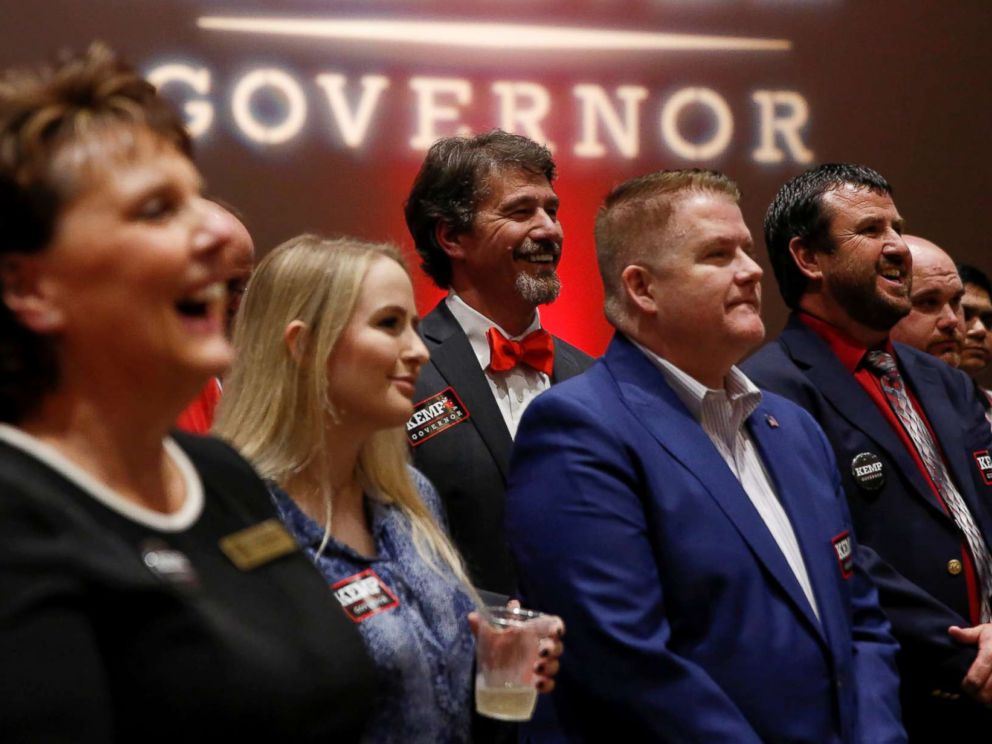 PHOTO: Brian Kemp supporters listen to a speaker as they wait for poll numbers to come in at Republican gubernatorial candidate Brian Kemps election night party in Athens, Ga., Nov. 6, 2018.