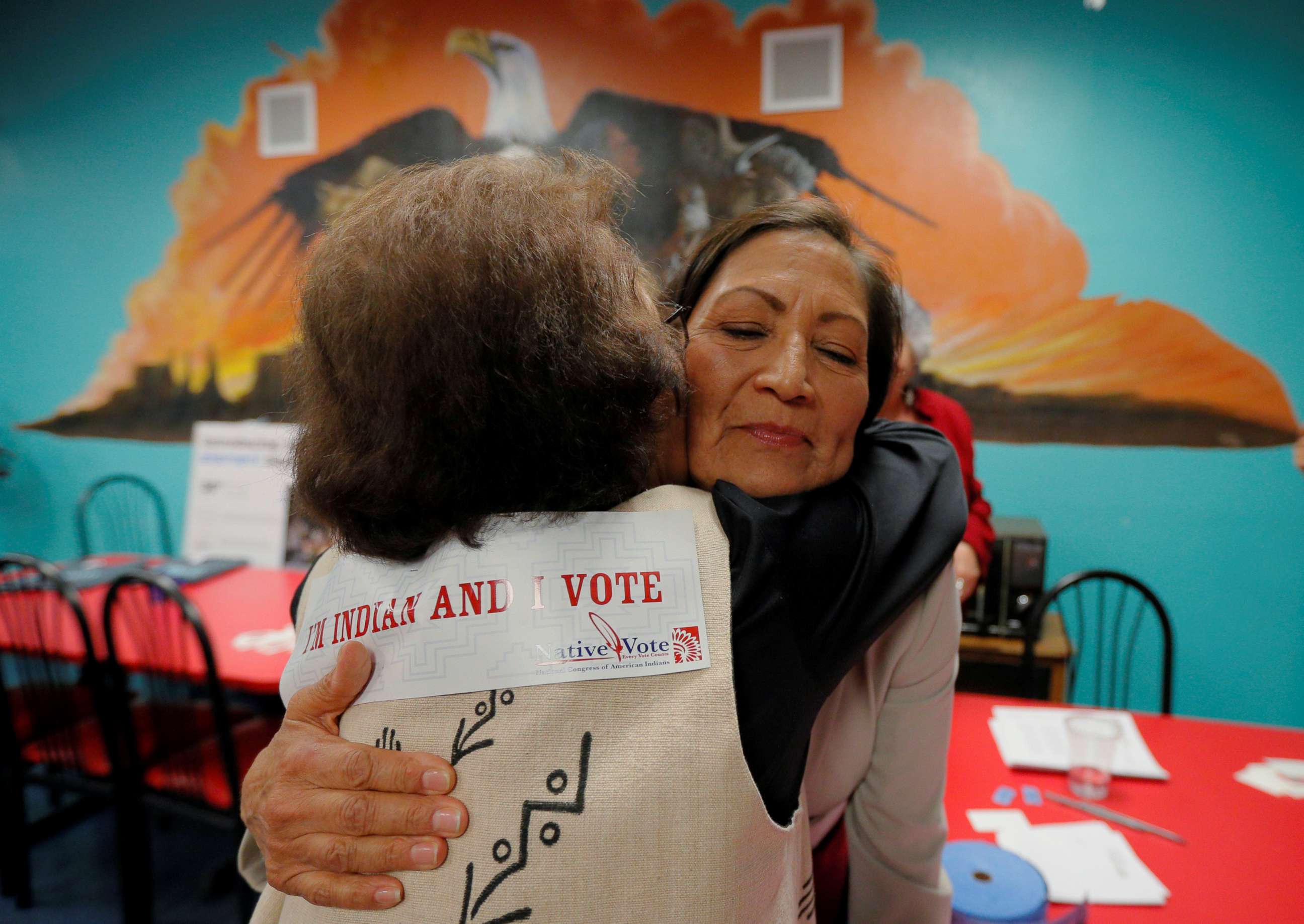 PHOTO: Democratic Congressional candidate Deb Haaland hugs a supporter at a Native Vote Celebration on midterm elections night in Albuquerque, N.M., Nov. 6, 2018.