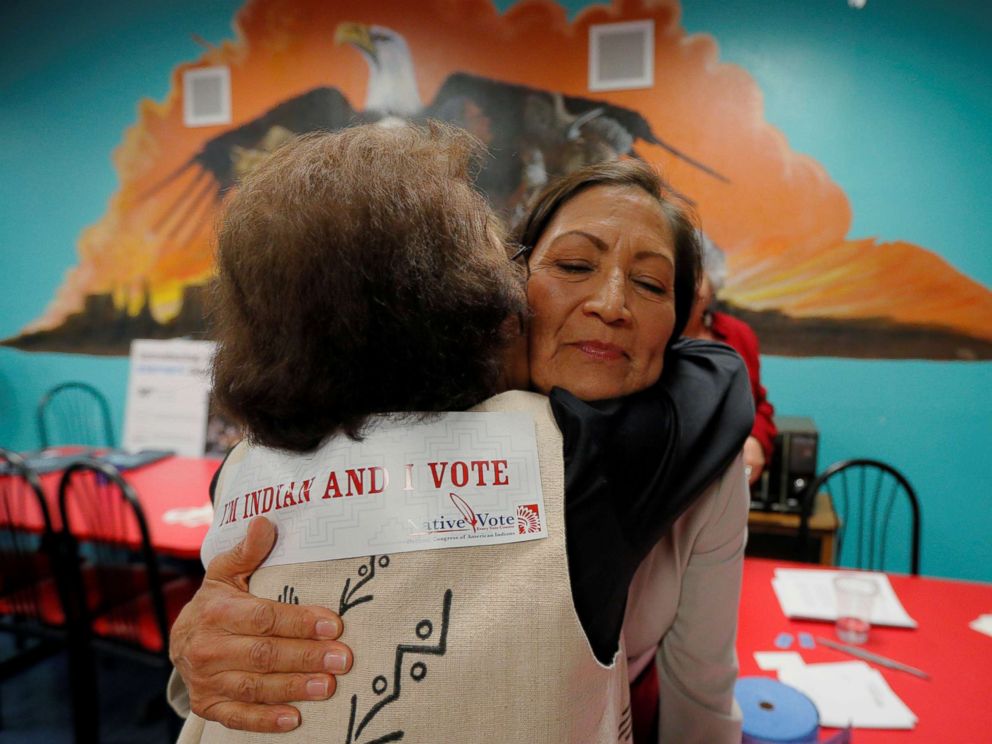 PHOTO: Democratic Congressional candidate Deb Haaland hugs a supporter at a Native Vote Celebration on midterm elections night in Albuquerque, N.M., Nov. 6, 2018.