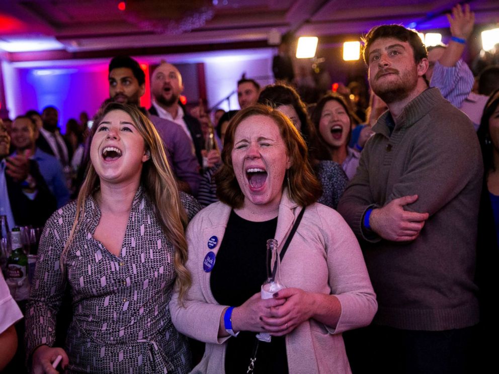 PHOTO: Alyssa Giammarella and Claire Viall cheer as they watch election results come in at a Democratic election night rally in Washington, Nov. 6, 2018.