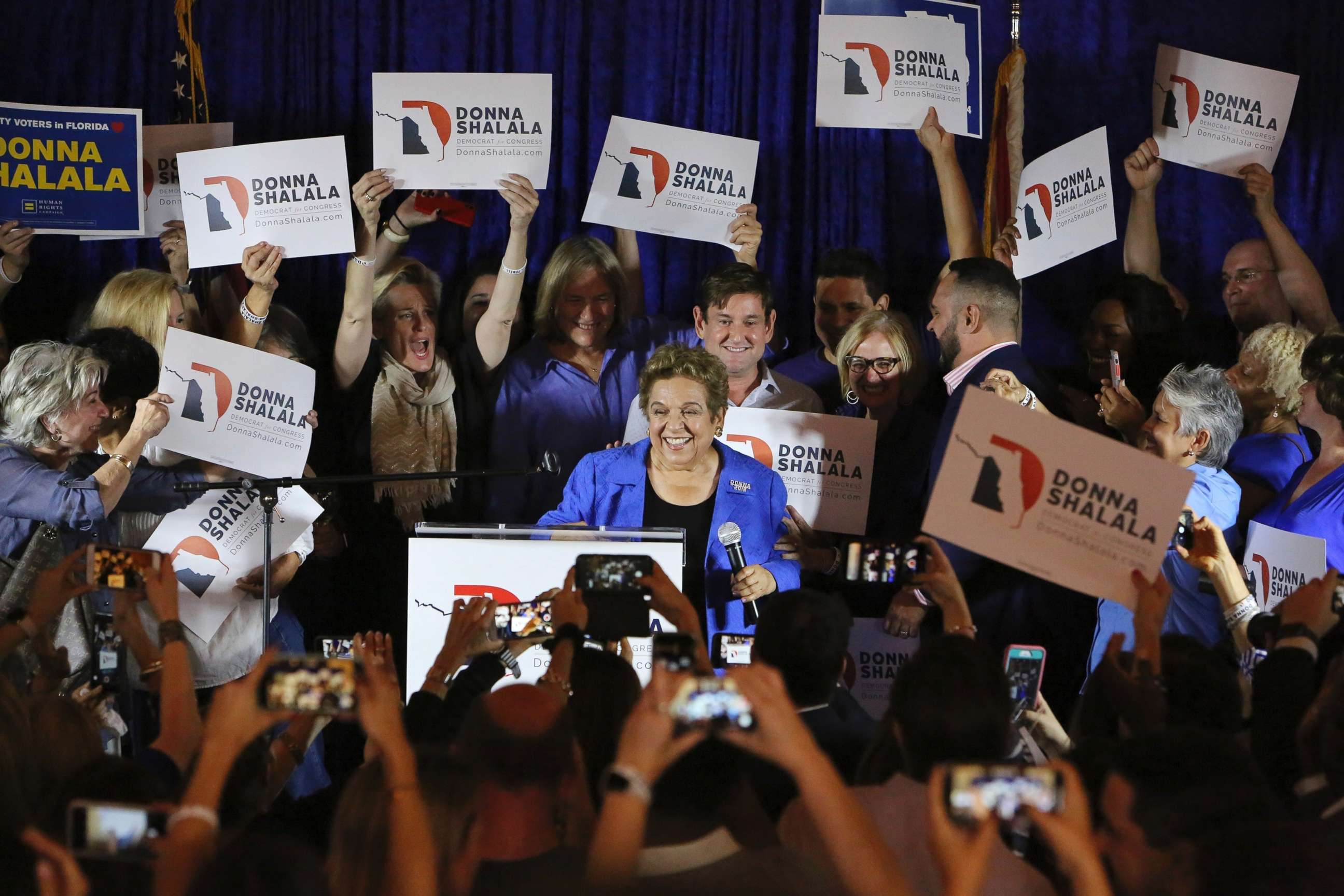 PHOTO: Democratic candidate Donna Shalala celebrates her victory over Republican television journalist Maria Elvira Salazar at the Coral Gables Woman's Club, Tuesday, Nov., 6, 2018, in Coral Gables, Fla.