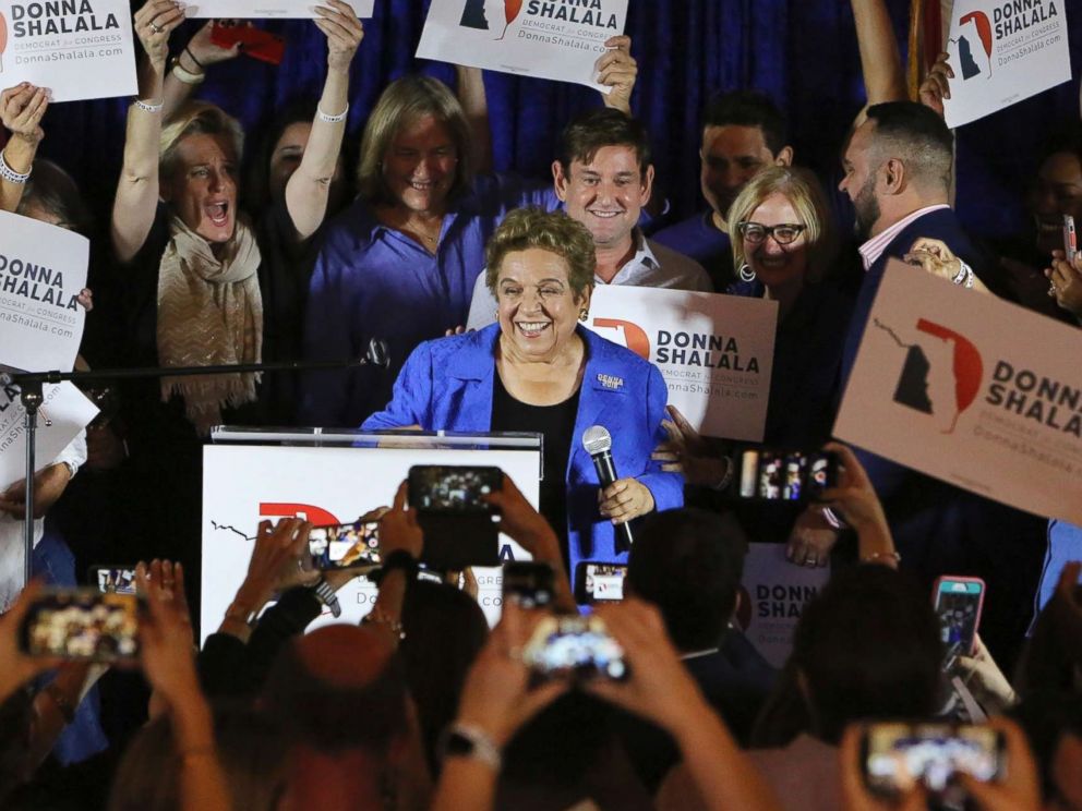 PHOTO: Democratic candidate Donna Shalala celebrates her victory over Republican television journalist Maria Elvira Salazar at the Coral Gables Womans Club, Tuesday, Nov., 6, 2018, in Coral Gables, Fla.