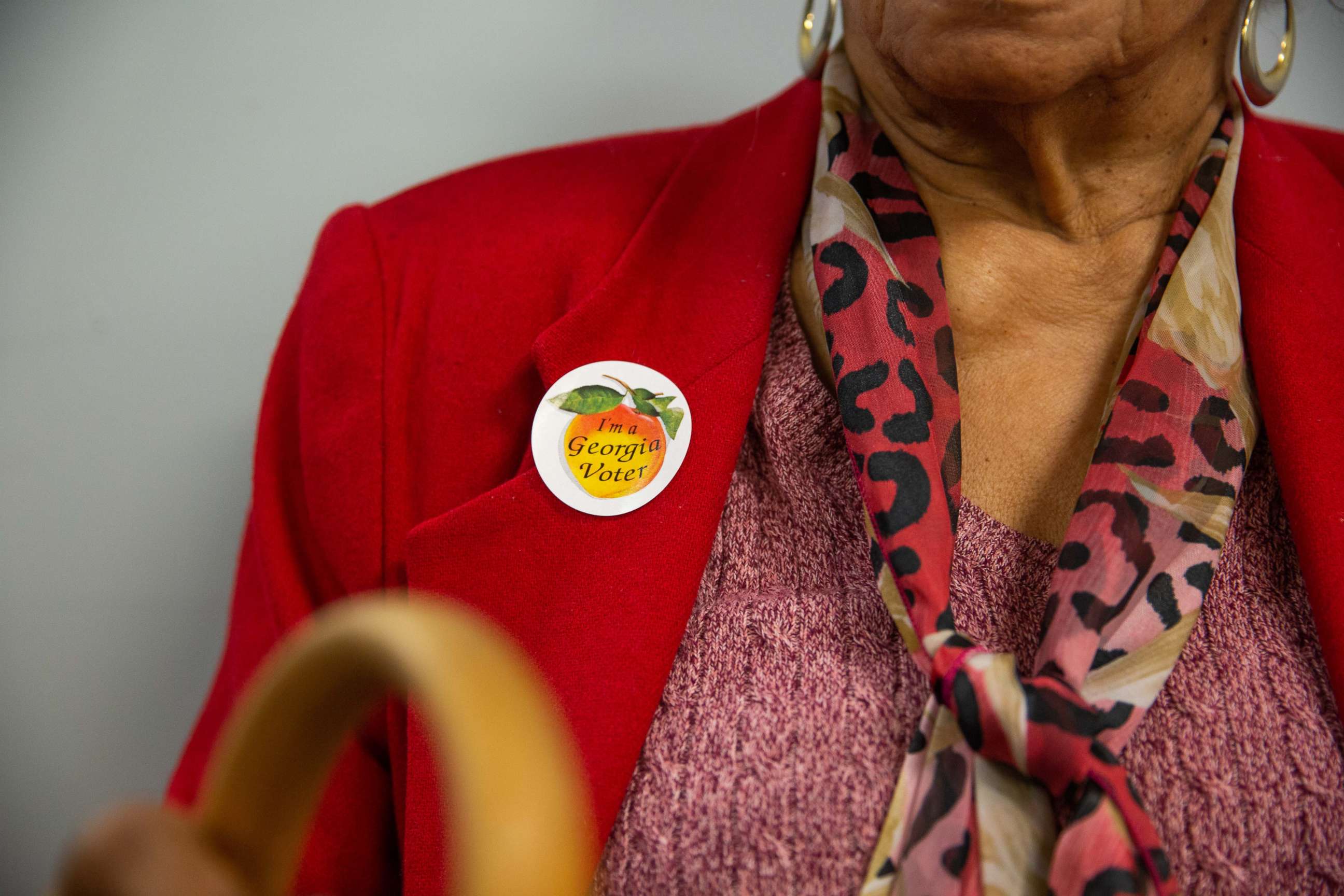 PHOTO: A voter wears a sticker that reads "I'm a Georgia Voter" at a polling station in Atlanta, Ga., Nov. 6, 2018.