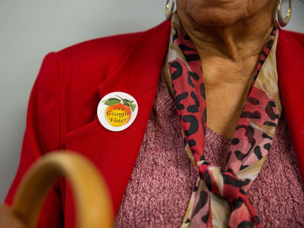 PHOTO: A voter wears a sticker that reads Im a Georgia Voter at a polling station in Atlanta, Ga., Nov. 6, 2018.