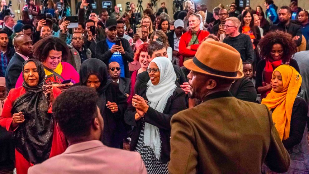 PHOTO: Supporters of Democratic congressional candidate, Ilhan Omar, center, celebrate in Minneapolis, Nov. 6, 2018.