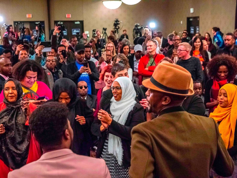 PHOTO: Supporters of Democratic congressional candidate, Ilhan Omar, center, celebrate in Minneapolis, Nov. 6, 2018.