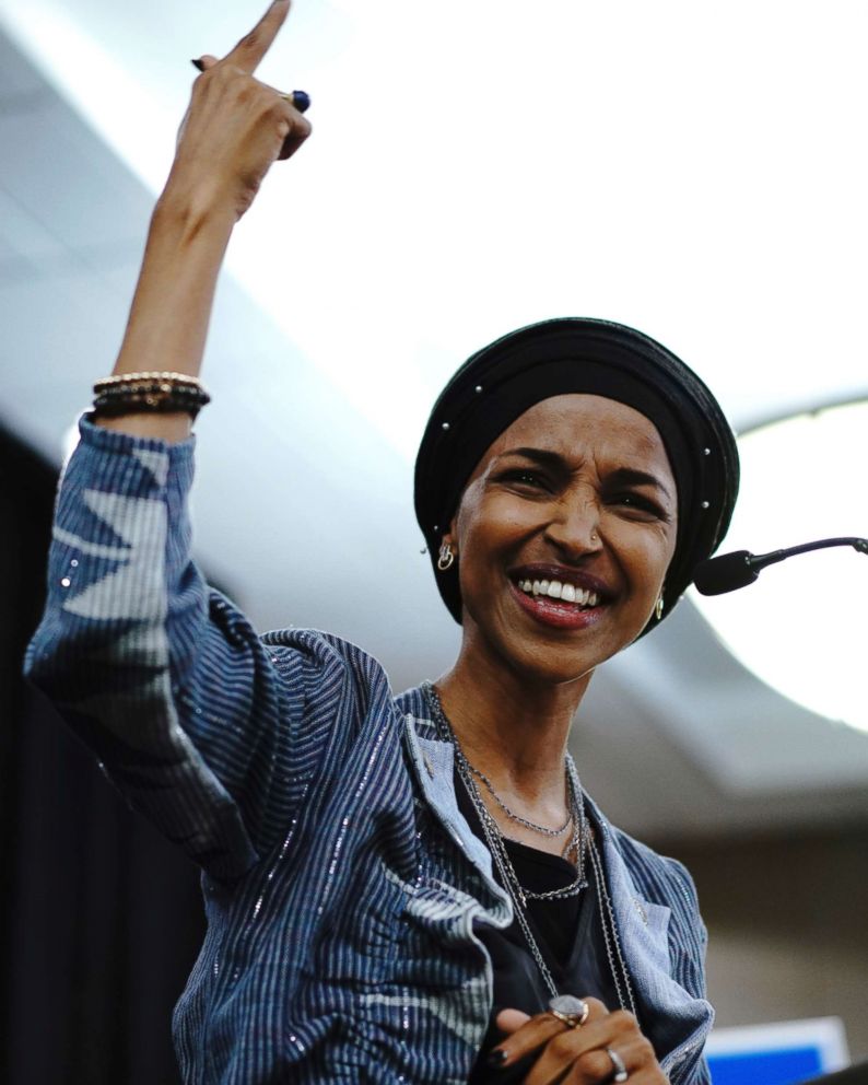 PHOTO: Ilhan Omar delivers her victory speech to supporters in a packed ballroom Tuesday, Nov. 6, 2018, in Minneapolis.