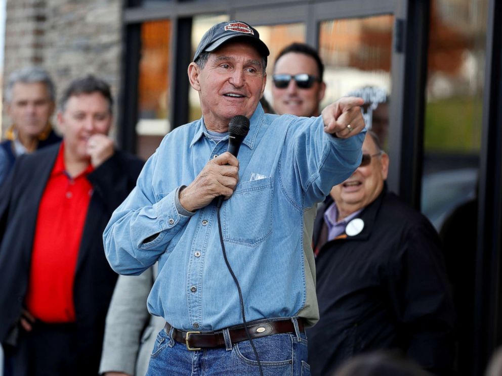 PHOTO: Sen. Joe Manchin speaks to supporters at a campaign stop ahead of the 2018 midterm elections in Bridgeport, W.Va., Nov. 5, 2018.