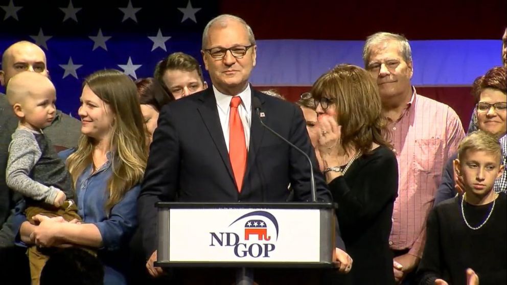 PHOTO: Rep. Kevin Cramer speaks to supporters on Election Day in Bismarck, N.D., Nov. 6, 2018.