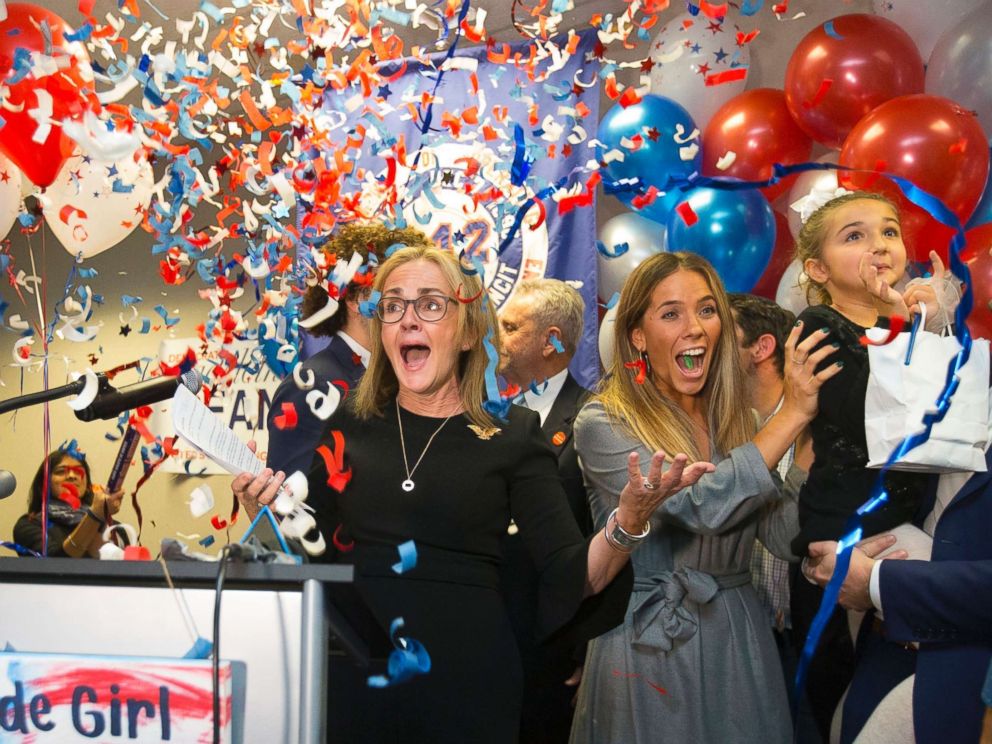 PHOTO: Democrat Madeleine Dean celebrates after winning Pennsylvanias 4th Congressional District race, in Fort Washington, Pa., Tuesday, Nov. 6, 2018.