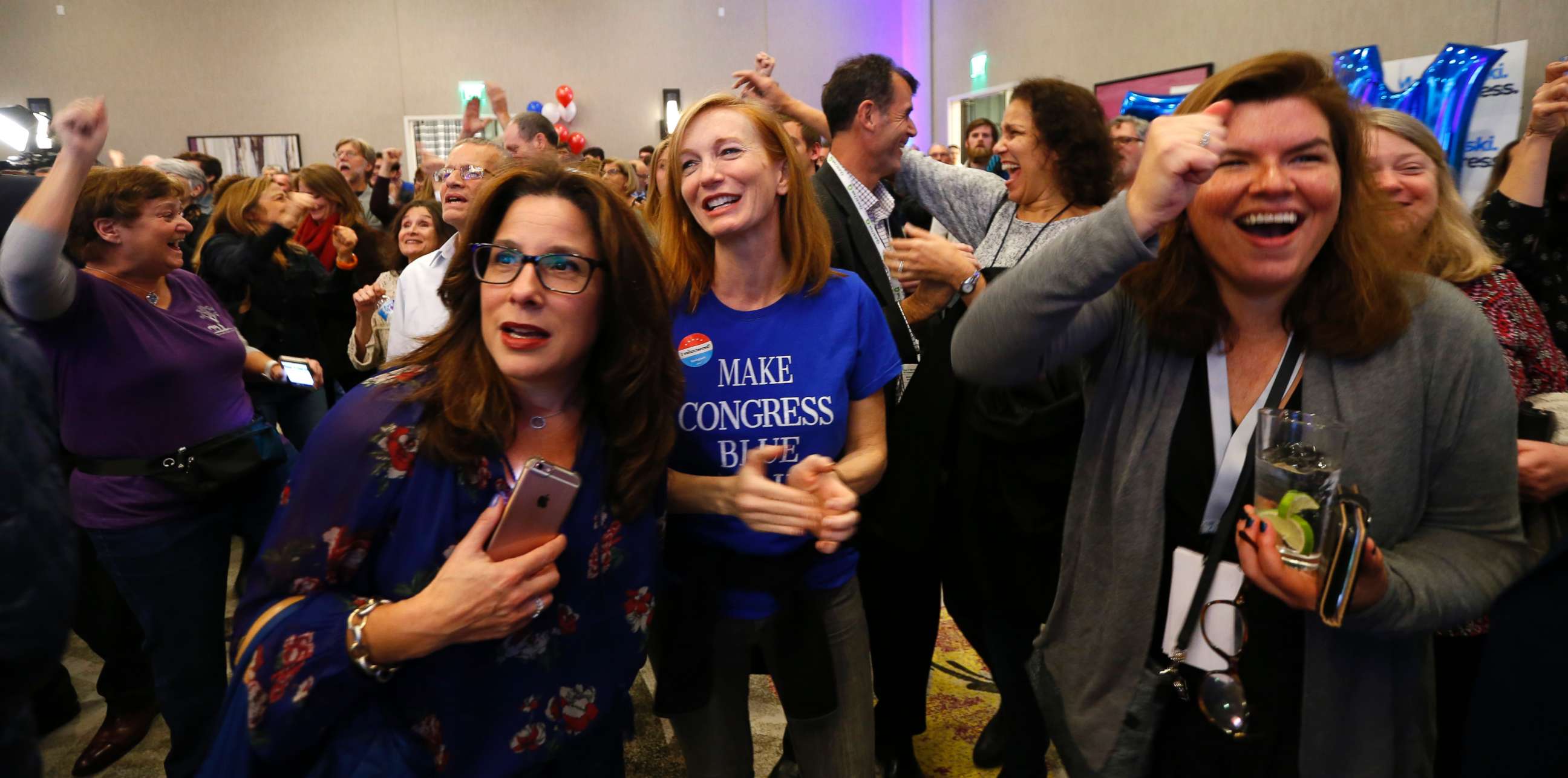 PHOTO: Supporters for Democratic congressional candidate Tom Malinowski react to election results during an election night watch party, Nov. 6, 2018, in Berkeley Heights, N.J.