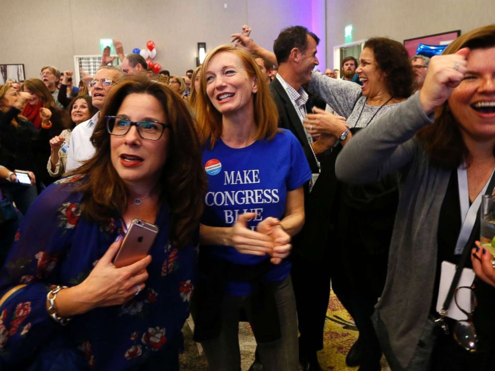 PHOTO: Supporters for Democratic congressional candidate Tom Malinowski react to election results during an election night watch party, Nov. 6, 2018, in Berkeley Heights, N.J.