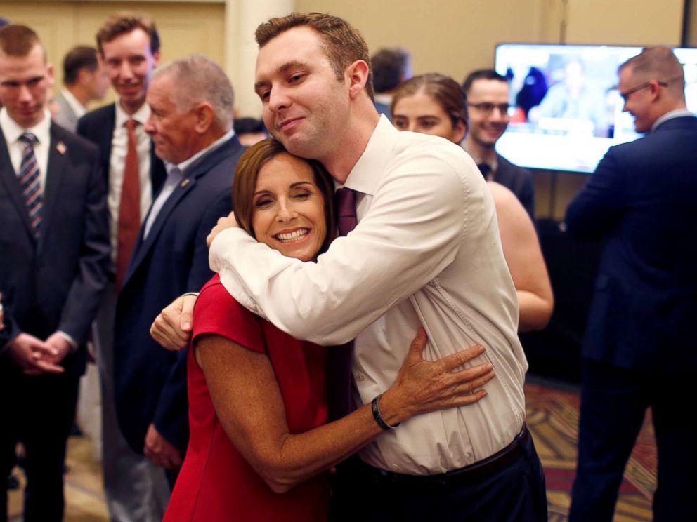 PHOTO: Republican Senate candidate Rep. Martha McSally greets voters in a holding room outside of her election night party in Phoenix, Nov. 6, 2018.