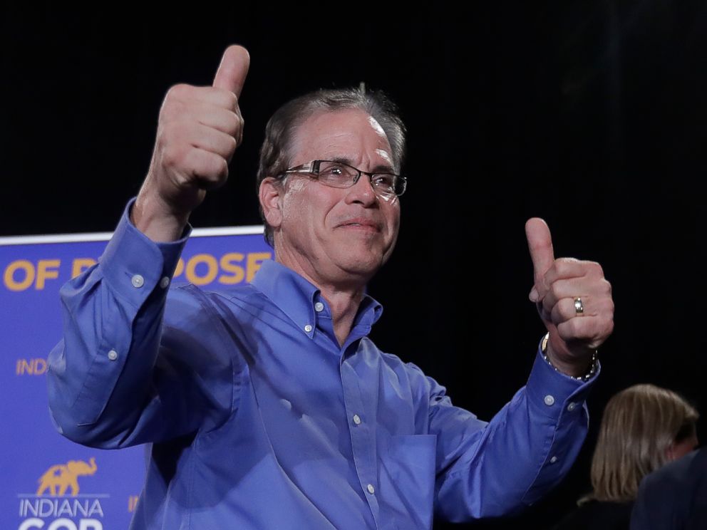 PHOTO: Republican Mike Braun reacts after speaking during an election night party, Tuesday, Nov. 6, 2018, in Indianapolis, after defeating Sen. Joe Donnelly.