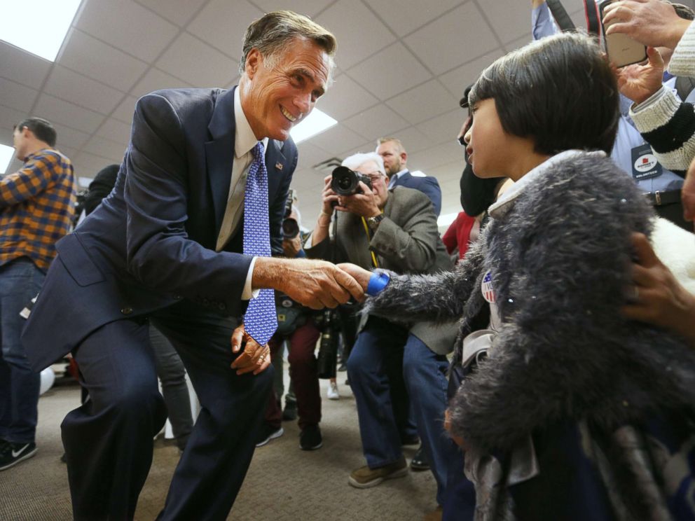 PHOTO: Senate candidate Mitt Romney greets Anna Belle Shaw at his headquarters for an election night party on Nov. 6, 2018 in Orem, Utah.