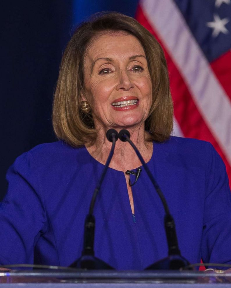 PHOTO: Democratic House Minority leader Nancy Pelosi reacts to early returns from the 2018 midterm general election during a House Democratic Election Night event at the Hyatt Regency in Washington, Nov. 6, 2018.
