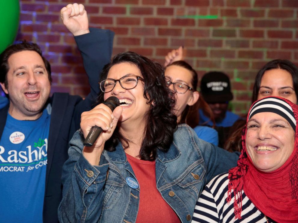 PHOTO: Democratic congressional candidate Rashida Tlaib celebrates with her mother at her midterm election night party in Detroit, Nov. 6, 2018.