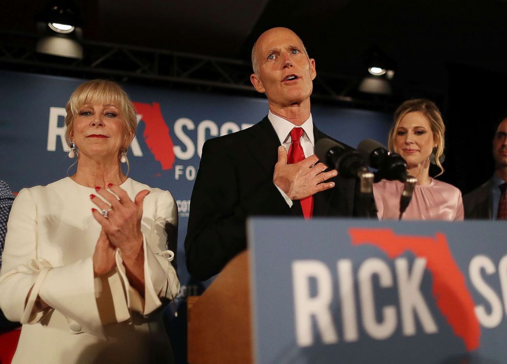 PHOTO: Florida Governor Rick Scott speaks during his election night party at the LaPlaya Beach & Golf Resort on Nov. 06, 2018 in Naples, Fla.