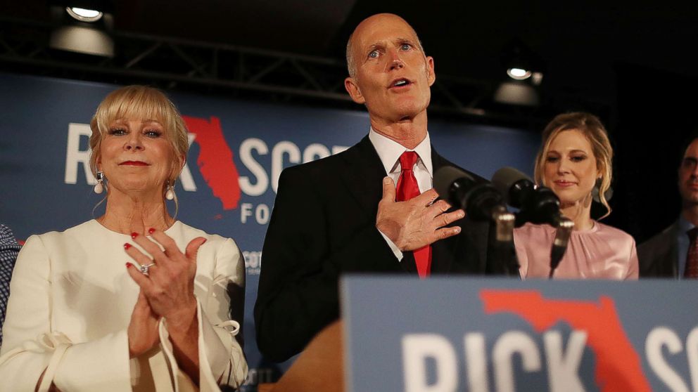 PHOTO: Florida Governor Rick Scott speaks during his election night party at the LaPlaya Beach & Golf Resort on Nov. 06, 2018 in Naples, Fla.