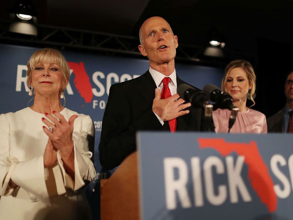 PHOTO: Florida Governor Rick Scott speaks during his election night party at the LaPlaya Beach & Golf Resort on Nov. 06, 2018 in Naples, Fla.
