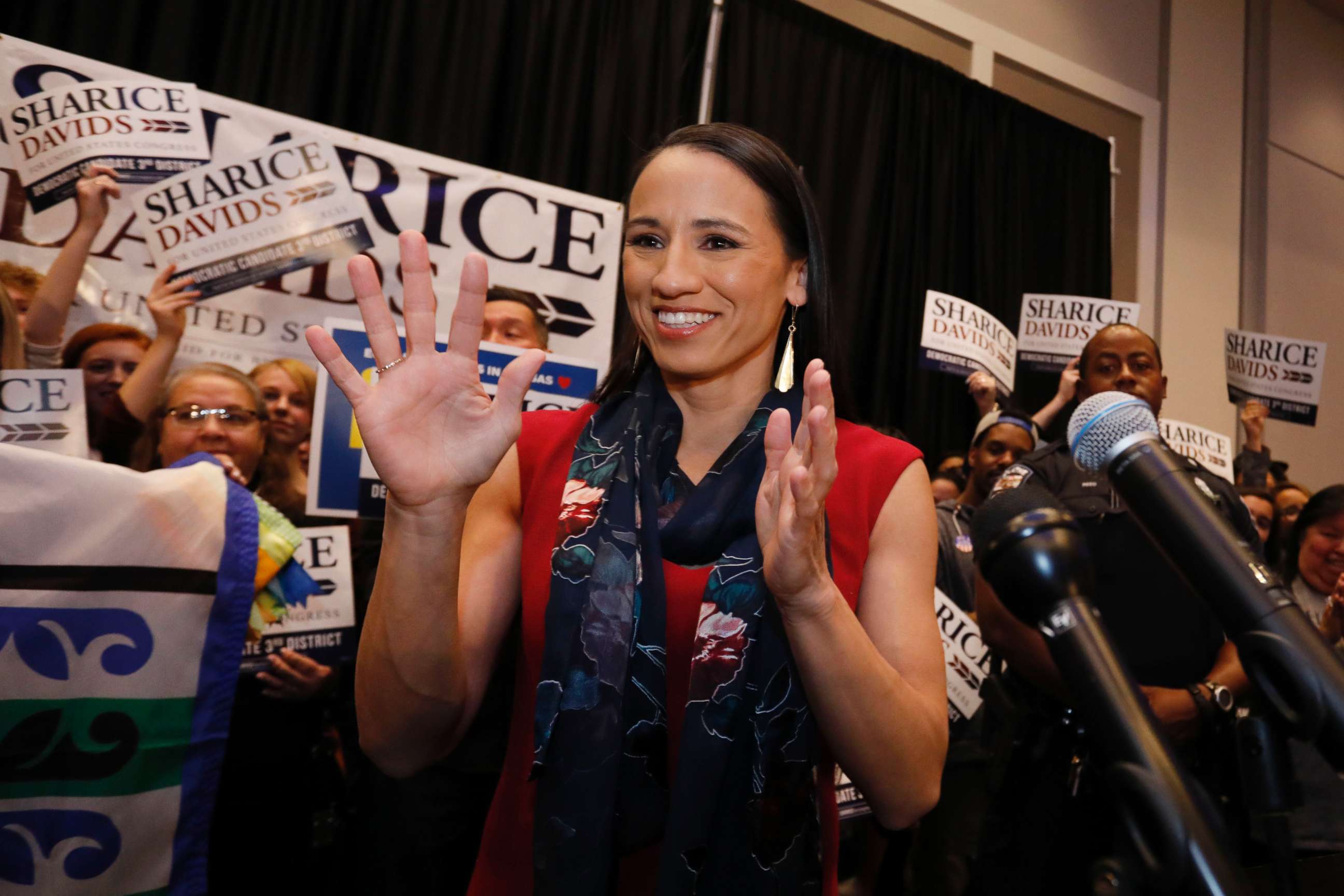 PHOTO: Democrat house candidate Sharice Davids reacts before speaking to supporters at a victory party in Olathe, Kan., Nov. 6, 2018.